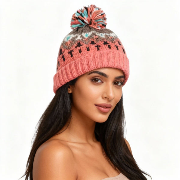 COUTHIE AZTEC DESIGN PINK POM POM HAT (POM31)