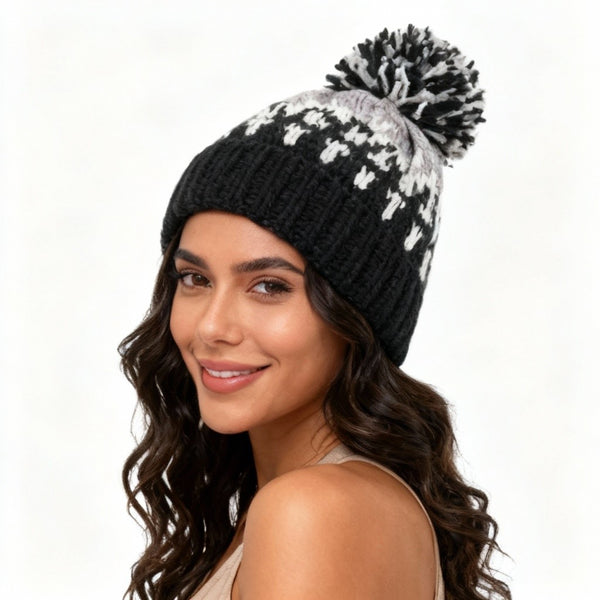 COUTHIE BLACK AZTEC DESIGN POM POM HAT (POM 32)