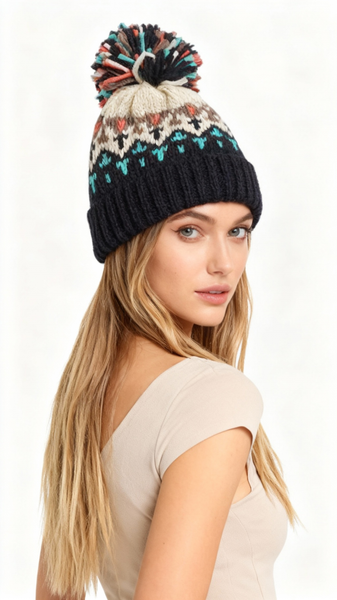 COUTHIE AZTEC DESIGN NAVY POM POM HAT (POM 35)