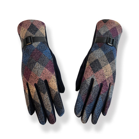 Blue Diamond Check Gloves With Strap (GL35)