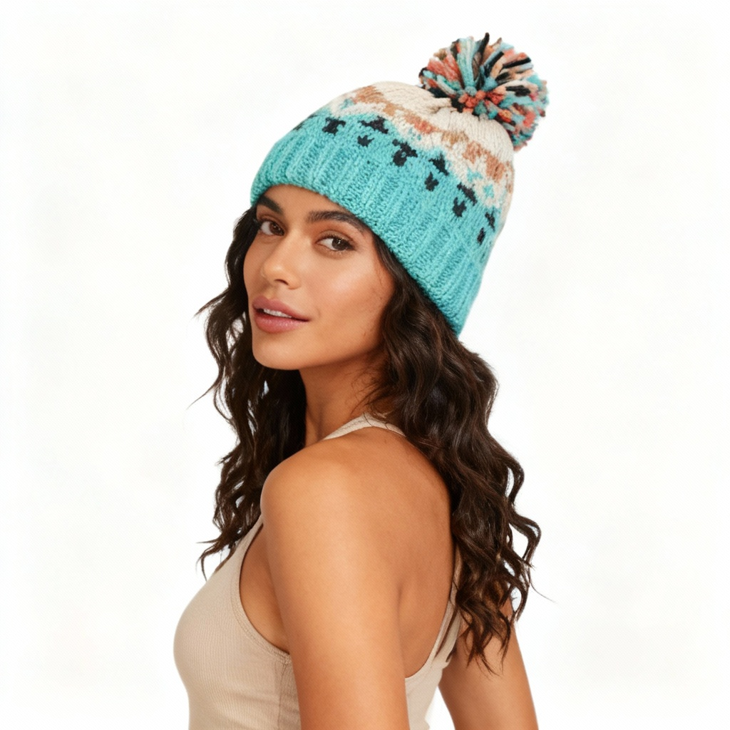 COUTHIE AZTEC DESIGN BLUE POM POM HAT (POM30)