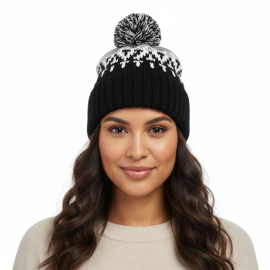 COUTHIE BLACK AZTEC DESIGN POM POM HAT (POM 32)