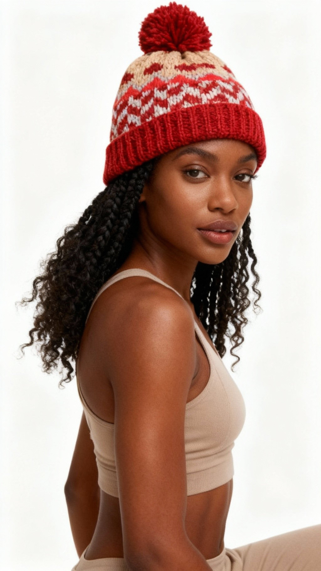 COUTHIE RED AZTEC DESIGN POM POM HAT (POM33)