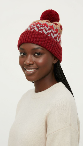 COUTHIE RED AZTEC DESIGN POM POM HAT (POM33)