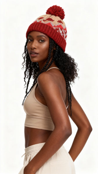 COUTHIE RED AZTEC DESIGN POM POM HAT (POM33)