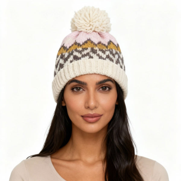 COUTHIE AZTEC DESIGN CREAM POM POM HAT (POM34)