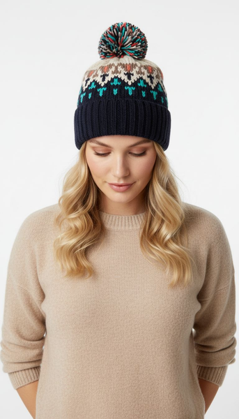 COUTHIE AZTEC DESIGN NAVY POM POM HAT (POM 35)