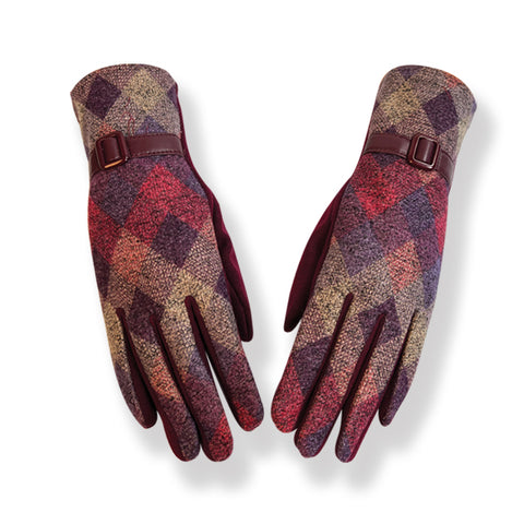 Purple Diamond Check Gloves With Strap (GL34)