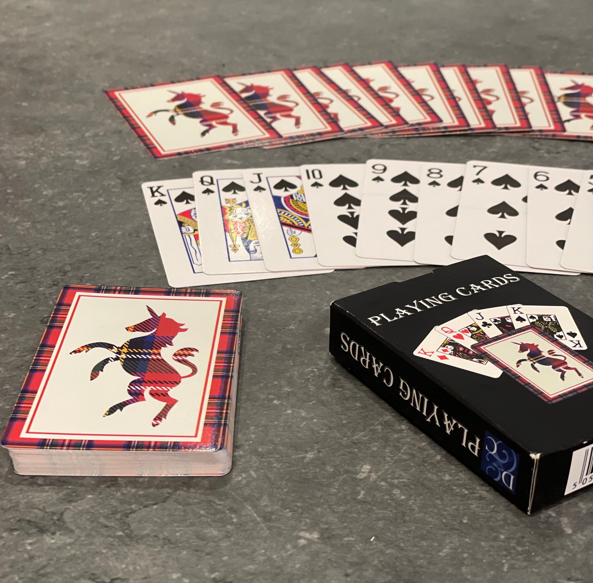Playing cards with Tartan unicorn design