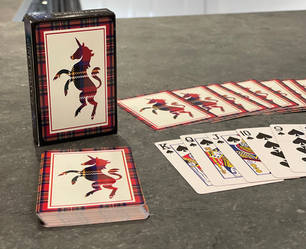 Playing cards with Tartan unicorn design